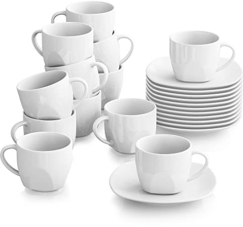 MALACASA Série Elisa Tasses à Café avec Soucoupes en Porcelaine, 200ML Petites Tasses Blanches et 14,5cm Soucoupes, Service à Café pour 12 Personnes