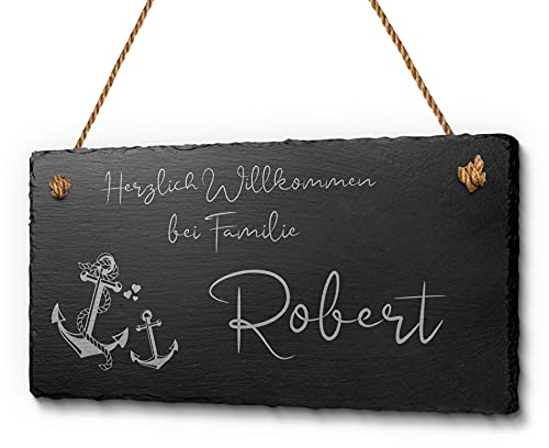 Schöne Schiefer Türschilder für die Haustür mit Gravur | Schiefer-Schild mit Kordel zum Aufhängen in ca. 20x10 cm gravierte Namensschilder Klingelschilder mit Namen oder Texten Herzlich Willkommen
