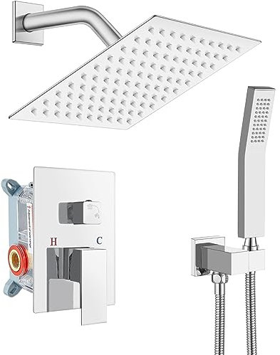 gotonovo Rainfall Badezimmer Duschsystem Regendusche Kopf und Griff Set Wandmontage Dusche Komplett Combo Massives Messing Druckausgleichend Duscharmatur Ventil 8 Zoll Poliertes Chrom