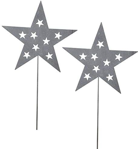ETC stimmungsvoller Garten-Stecker Stern am Stab Dekostern Weihnachtsstern Metall mit ausgelaserten Sternchen Preis für 2 Stück edelrostig oder hellgrau 2 x hellgrau Stern ca. 22 cm 62 cm Stab