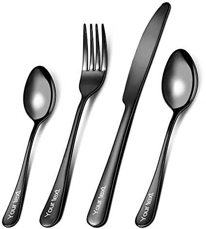 OXYEFEI Posate per con incisione del nome, in acciaio inox 18/10, design moderno e moderno (Nero)