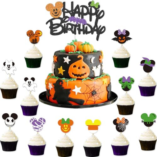 25 Stück Mickey Halloween Happy Birthday Cake Topper Mickey Minnie Cupcake Topper für Mickey Minnie Thema Halloween Geburtstag Party Dekorationen