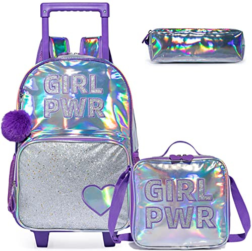 Egchescebo Kids Love Rolling Roller Backpack for Girls 3Pcs Childrens Suitcases Luggage Lunch Box with Wheels School Bags 16“ Wheeled Backpack Purple Bright Trolley Bag
