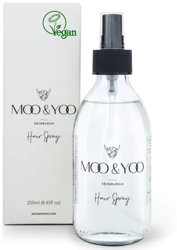 Moo & Yoo Hair Spray 250ml - Marula Oil & Icelandic Moss -Flexible Hold - Aerosol Free - Hair Spray for Men and Women - Curl hold Spray - Vegan & Cruelty Free - Recyclable Glass Bottle