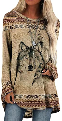 Bengbobar Western Sweatshirts for Women Native American Aztec Print Pullover Long Sleeve Crewneck Crewneck Sweatshirt, Wolf Head, Large
