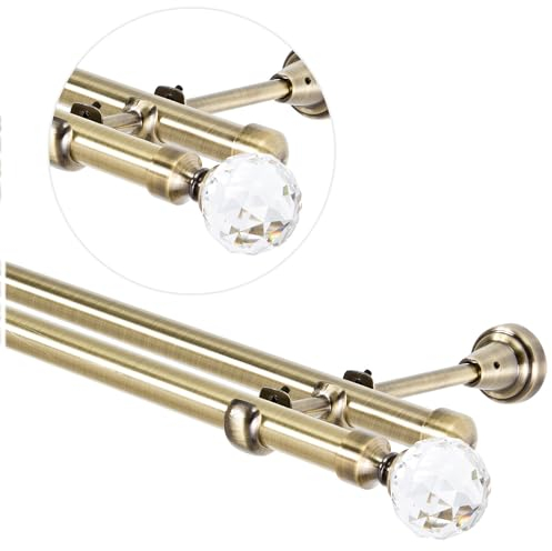 Bastone per tende 320 cm per montaggio a parete, asta per tende 19 mm a due corsie color oro antico, set di bastoni per tende con sfera di cristallo.