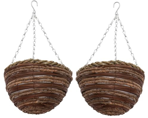 KONTONTY 2 Stück Hängender Blumenkorb Aus Natürlichem Rattan 25cm Halbrund Mit Kette Pflanzen Hängekorb Für Wand Und Balkon Dekorativer Pflanzentopf Ohne Boden Langlebig Und Platzsparend