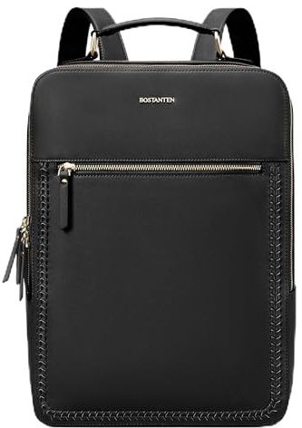 BOSTANTEN Leather Backpack 15.6 inch Laptop Bag Travel Casual Computer Backpack College Business Work Shoulder Bags with Trolley Sleeve for Women Men Black