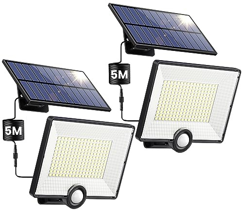 [204LED/2000LM/3 Modi] Solar-Außenleuchte, 2 Stück, LED-Solarstrahler mit Bewegungsmelder, IP65 wasserdicht, Split-Solarleuchte für den Außenbereich, mit 5 m Kabel, für Garten, Garage, Weg