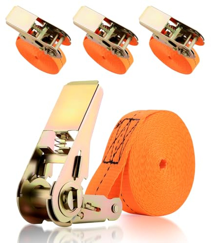 GEARCELL Tie Down Ratchet Straps Heavy Duty, 5M Long, 25mm Wide, Endless Cam Buckle Ratchet Straps 800kg Load Capacity, Adjustable Tensioning Straps for Motorcycles, Trailer, Kayak, Orange (4-Pack)