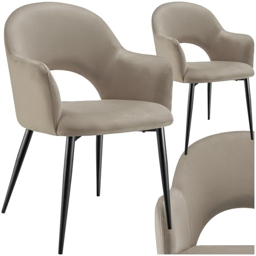 tectake® sillas de Comedor Elegantes, Terciopelo, Silla Comedor nordica, Silla de Cocina Acolchada con reposabrazos, sillas Comedor Modernas con Patas de Acero Antideslizantes - 2 Sillas Gris Topo