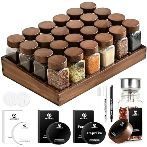 DSUID Square Seasoning Jars Set: 24 x 120-ml Glass Spice Jars With Lids and Labels and a Acacia Wooden Tray; Storage Jars with Lids Airtight; Kitchen Organisation Spice Organiser.