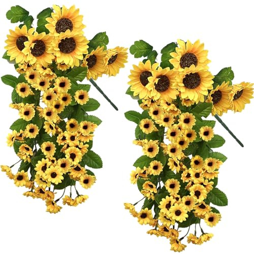 Daily Treasures 2 STÜCKE Künstliche Hängende Blume,176 realistische Sonnenblumenköpfe aus Seide in gemischter Größe,Wandbehang Künstliche Sonnenblumenpflanze für Outdoor Home Sommer Garten Gelb