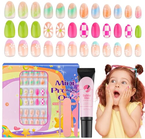 TOROKOM Kit de Uñas Postizas para Niñas - 78 Piezas de Uñas Postizas con Pegamento Constructor, Uñas Cortas de Cobertura Total para Niñas - Cumpleaños, Fiesta, Navidad