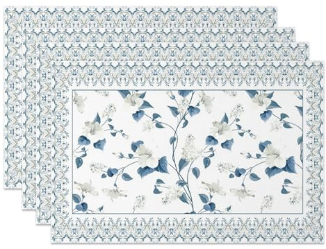 MIRRORANG 4er Set Blau und Weiß Tischsets 45x30cm Elegante Blumenmuster Tischsets Waschbar für Moderne Küche Esszimmer Dekor