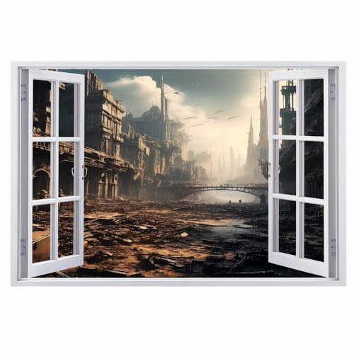 3D Wandtattoos Architektur Stadt Zum Thema Weltuntergang Wandaufkleber Durchbruch Wanddeko Fantasie Selbstklebend Wandbild für Kinderzimmer Junge zimmer Schlafzimmer Wandsticker Kleinkinderzimmer Deko