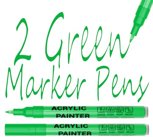 Alitastro Acrylic Paint Pens 2 Green Permanent Marker Pens Extra Fine Tip | Waterproof, Quick Dry, Non-fading, 0.7mm Acrylic Pens for Rock Painting Glass Stone Ceramic Metal Fabric Pebble DIY Craft