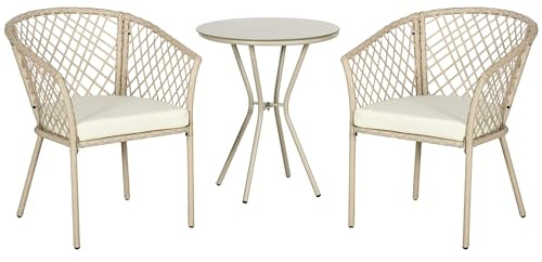 Outsunny Salon de Jardin bistrot, Ensemble bistrot de Jardin 3 pièces Table d'appoint Ronde métal, Plateau Verre trempé, 2 fauteuils avec Coussins, Corde en résine tressée, Beige
