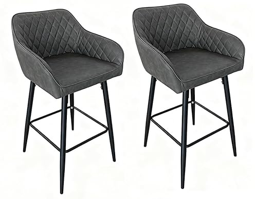 Requena Pair of Bar Stools with Leatherette Upholstered Seat, Armrest & Backrest, Black Metal Legs, for Kitchen and Breakfast Bar (BAR01, Leather-Grey-1)