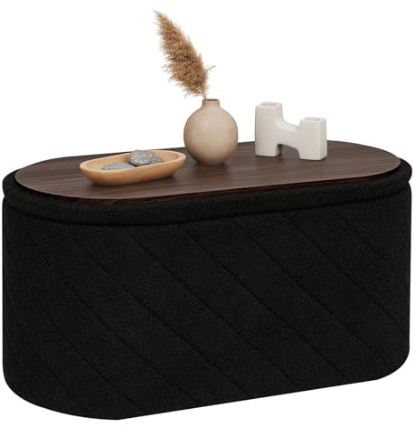 PINPLUS Klappbare Sitzbank mit Stauraum, Bettbank, 76x38x38 cm, Schwarz | Ovale Form, weicher Boucle-Stoff, faltbare Sitztruhe, Fußbank, Aufbewahrungsbank, für Wohnzimmer, Schlafzimmer, Flur