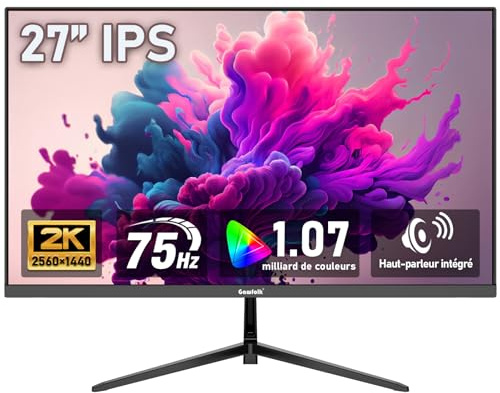 Gawfolk Écran PC 27 pouces IPS 2K QHD (2560×1440), moniteur de jeu 75Hz pour ordinateur, 1ms, Adaptive Sync, 100%sRGB, 1,07 milliard de couleurs, DisplayPort 1.4, HDMI 2.0, haut-parleur intégré - Noir