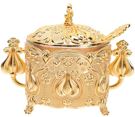 Gatuida Azucarero Metálico Decorativo con Cuchara Estilo Europeo para Cocina y Condimentos Diseño Tallado Color Dorado para Hogar y Restaurantes