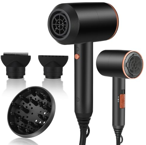 Panana Sèche-Cheveux avec Diffuseur, Sèche-Cheveux pour Cheveux Bouclés Hommes/Femmes, 2 Vitesses 3 Réglages de Chaleur, Bouton Jet Froid, 1 Diffuseur & 2 Concentrateurs (Noir)