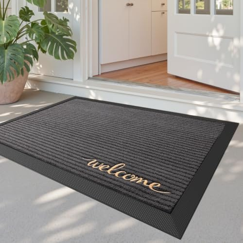 DEXI Dörrmatta 60 x 90 cm, Smutsfångare Dörrmattor Halkfria, Fläck- och Blekningsbeständiga, Låg Profil, Lätt att Rengöra Entrématta för Utomhus Inomhus, Välkommen Grå