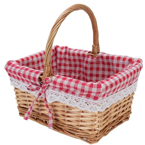 Cocoarm Picknickkorb aus Korbgeflecht, Handgewebt, Vintage-Stil, Abnehmbares Innenfutter, Rot kariert, 25 x 19 x 13 cm | Herausnehmbares Baumwollfutter mit Kariertmuster, Abwischbare Oberfläche, Picknickkorb für Outdoor Strand, Rot