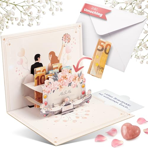 BASICBIRD Hochzeitskarte Geldgeschenk Hochzeitsgeschenke personalisiert | für Brautpaar Hochzeitsauto Pop Up Karte Geldkarte Hochzeitsgeschenk Geld Ideen 3D Geldgeschenke Glückwunschkarte