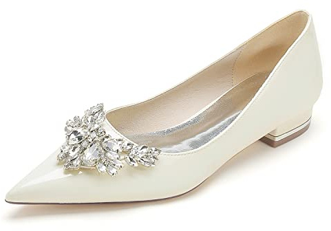 Yhsdfcn Eleganta Spetsiga Ballerinaskor med Kristaller för Bröllop Brud och Kontorsarbete Vardag,Beige,43 EU
