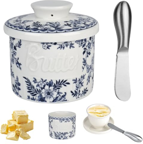 Mantequera de cerámica con cuchillo de mantequilla, mantequera francesa con tapa, refrigerada por agua con línea de flotación para guardar frescos, suaves, listas para comer (porcelana azul y blanca)