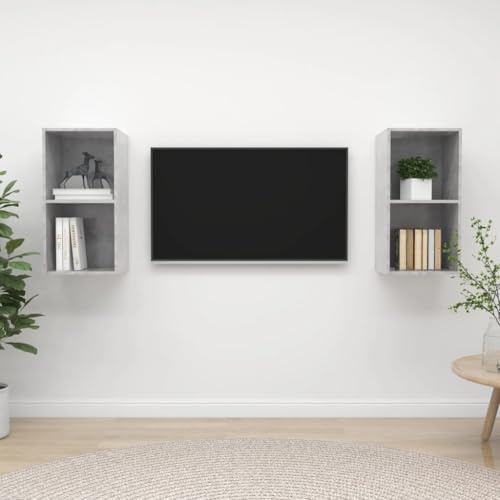 Boltkex TV-väggskåp, set om 2, betonggrått, trämaterial, 37 x 37 x 72 cm, för TV-skåp, lågbord, mediemöbler med 2 fack, väggmontering för vardagsrum, lagringsutrymme för mottagare