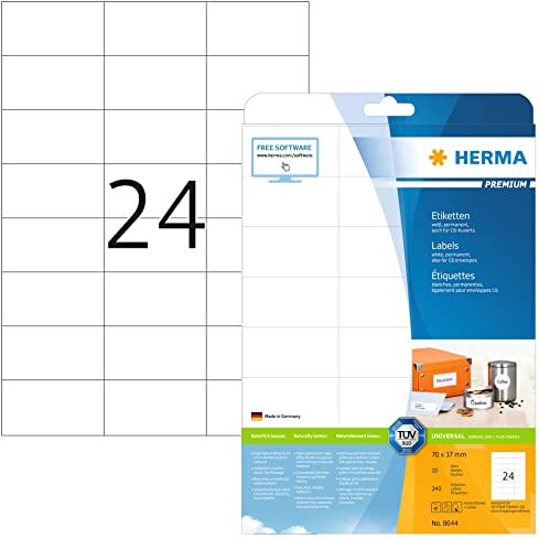 HERMA 8644 adressetiketter A4 (70 x 37 mm, 10 ark, papper, matt) självhäftande, utskrivbara, permanenta universella etiketter, 240 klistermärken, vit