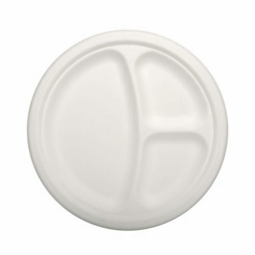 Einweggeschirr & Besteck 50 Stabile Teller, Zuckerrohr Pure 3-geteilt Ø 23 cm · 2 cm Weiss Menüteller