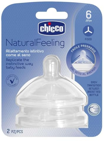 Chicco Set di 2 Tettarelle, Compatibili con Biberon Natural Feeling, 6 Mesi+, Flusso Pappa, Allattamento istintivo, Tettarelle con Doppia Valvola Anticolica, In Silicone Soft Sense, Traparente