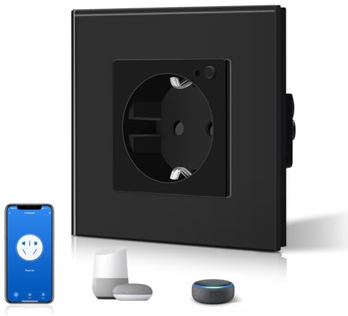 BSEED Schuko Wifi Steckdose 16A Smart Alexa Glassteckdose, 1 Pack 1 Weg Schwarz 86mm Unterputz-Installation APP-Steuerung Arbeit mit Alexa/Google Home DIY Free Spin Nur 2.4 GHz