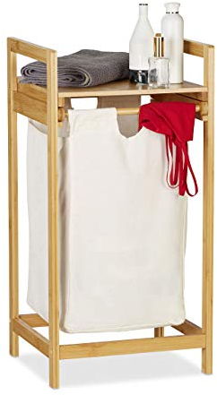 Relaxdays Portabiancheria in Bambù, Rettangolare con Ripiano, Cesto Panni Estraibile, Capacità 30 Litri, Legno Naturale