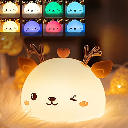 LANMOU Hirsch Nachtlicht Kinder Touch 7 Farben, Nachtlicht Baby Stilllicht Silikon Dimmbar USB Aufladbar Nachtlampe Kinderzimmer, Nachtlicht Batterie Kinder, 2400mAh, 7 Lichtwechsel