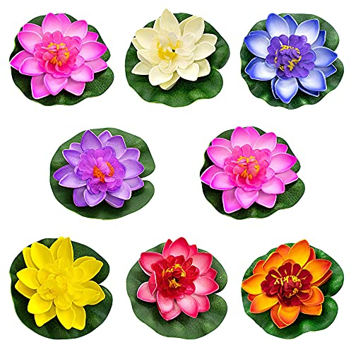HIQE-FL Fiori Galleggianti per Laghetti,8 Pezzi Fiori di Loto Galleggianti Veri,Artificiale Ninfee Galleggianti,Piante di Loto (B)