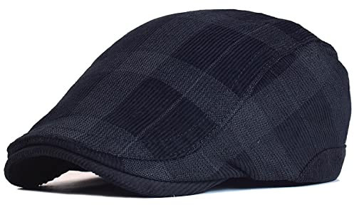 QBQZXAOSOWH Barett Cap Flache Kappe Vintage Karierte Dicke Baskenmütze Cord Ballonmütze Männer Frauen Retro Hut Fahrer Schiebermütze 57-60Cm Schwarz