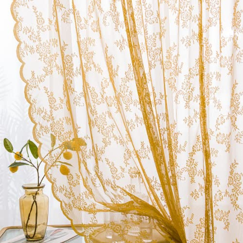 Sutuo Home Gold Lace Curtains 96 Inches Long 2 Set, Sheer Panels Floral Embroidery Vintage Voile Window Treatment Pair for Bedroom Living Room Kitchen, Retro Christmas Decor Rod Pocket, W57 x L96