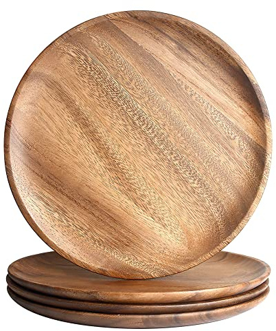 IQCWOOD Wooden Dinner Plates, 11 Inch Round Wood Dinner Plates Set of 4, Acacia Wooden Plates Round Tray Serving Platter for Food Sandwich Dessert Snack Plates