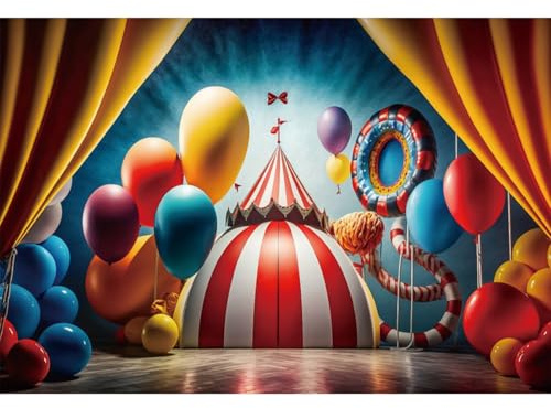 YongFoto 2,5x1,8m Circo Sfondo fotografico Tenda Rossa Palloncino Pavimento In Legno Tenda Palcoscenico Foto sfondo per bambini Notte di Carnevale Oggetti di scena per servizi fotografici in studio