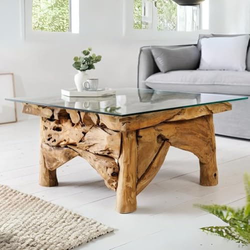 LEBENSwohnART Handgefertigter Teak Couchtisch Seaside 80x80cm Unikat Wohnzimmertisch Sofatisch Glastisch Tisch