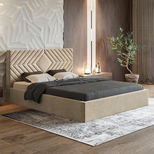 MOTIVENA Eva Bett 180x200 Beige Samt, mit Stauraum, mit Kopfteil, mit Lattenrost, ohne Füße, ohne Matratze, Polsterbett 180x200 mit Bettkasten Beige