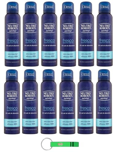 Neutro Roberts Deodorante Spray Uomo Fresco Essenza Marina, Deodorante Spray per uomini, efficace 48 ore senza sali, 150 ml + portachiavi Beni Culinari