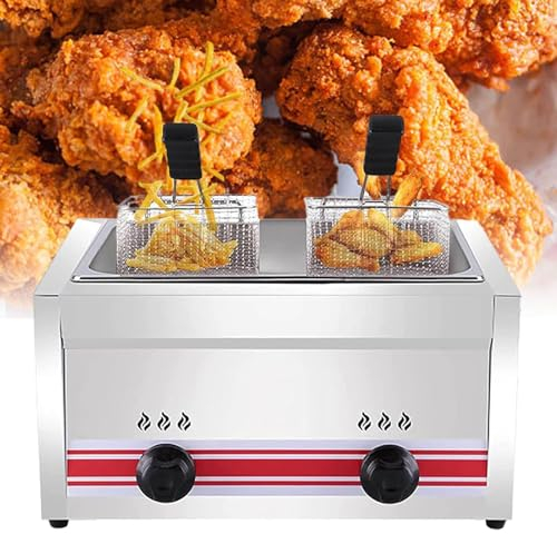 LSHFYV Friteuse à Gaz Professionnelle Gpl, Friteuse Commerciale en Acier Inoxydable avec Panier Et Couvercle, Réglage Manuel De La Température Facile à Nettoyer pour Famille,Singlecylinder20l