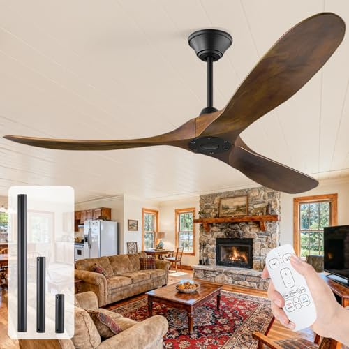 Ventilador de techo de madera de 152cm sin luces con mando a distancia, ventilador de patio rústico de exterior resistente al agua con motor de corriente continua reversible de seis velocidades