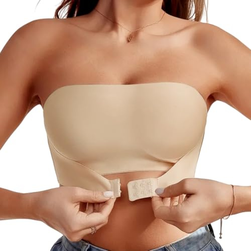 Sexy Code 1701 Women's Strapless Bandeau Bra Front Buckle Women Non Padded Top Tube Bras Wireless Bralettes Bandeau Seamless Bras(D452+D130,Beige,L)